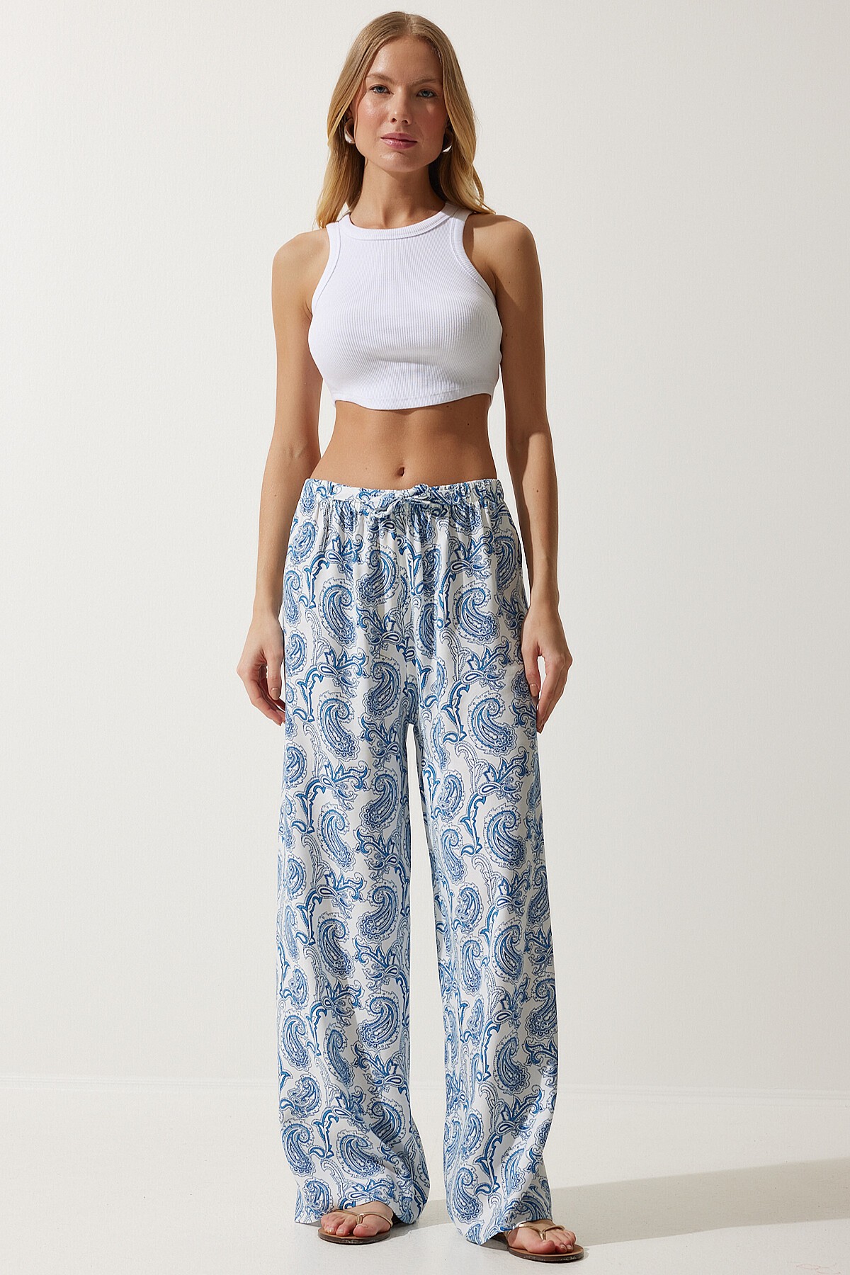 DESENLİ HAM KETEN PALAZZO PANTOLON