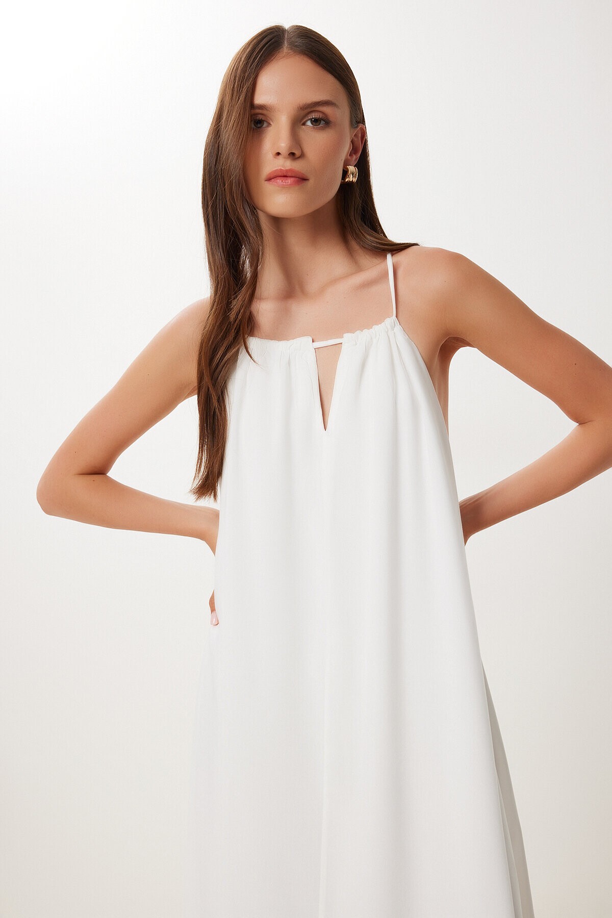 Halter Yaka Yazlık Uzun Viskon Elbise EKRU HFG0003