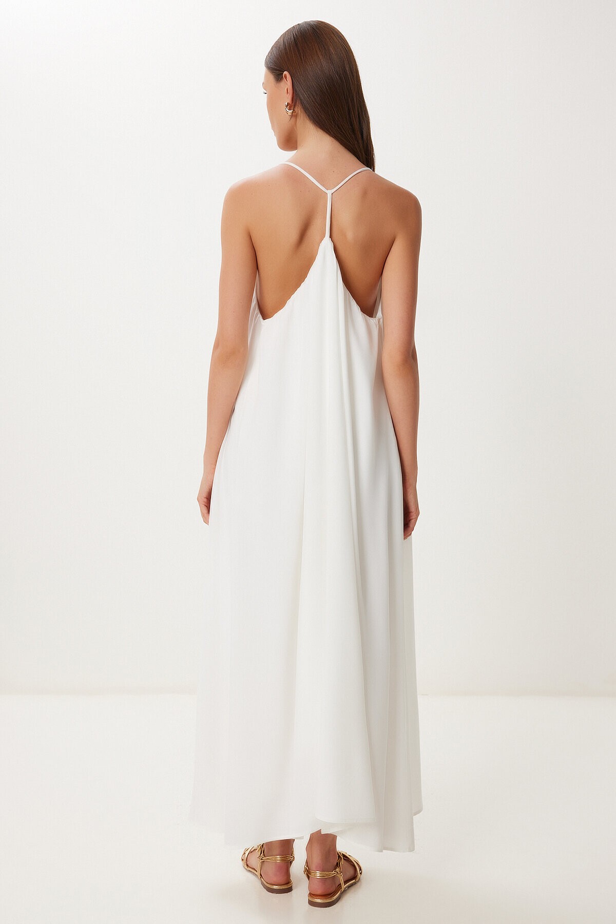 Halter Yaka Yazlık Uzun Viskon Elbise EKRU HFG0003