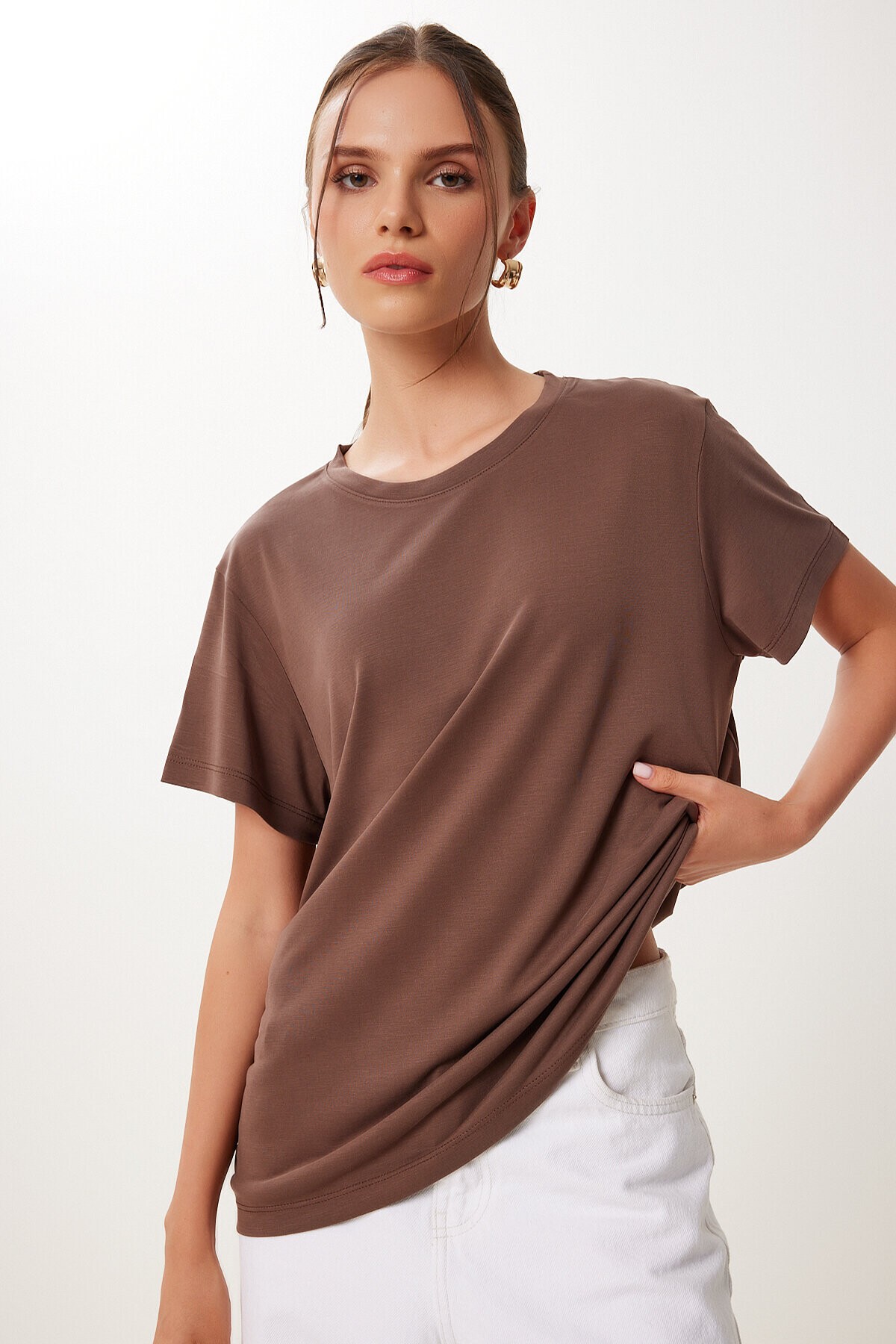 2’li Paket Basic Modal Örme T-shirt VİZON KAHVERENGİ HFN0002