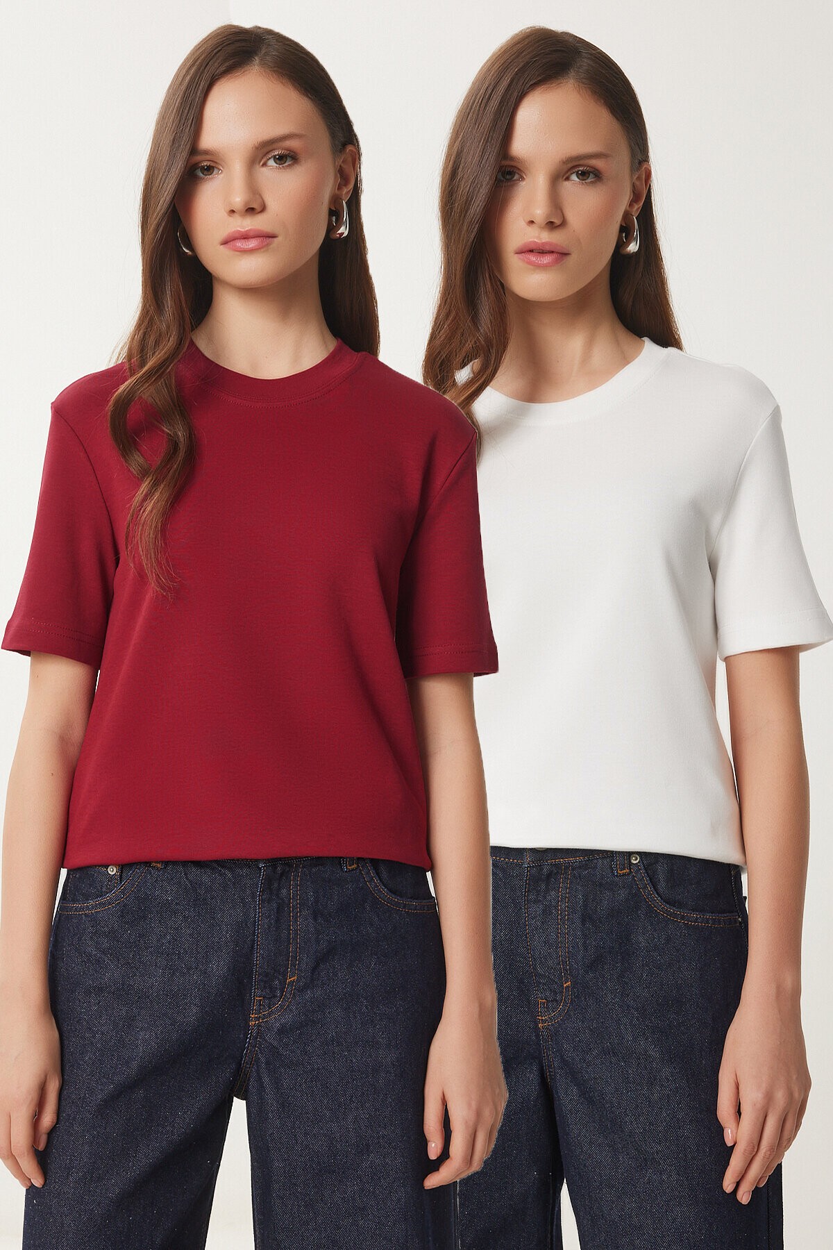 2li Paket Pamuklu Basic Örme T-shirt BORDO BEYAZ LAG0002