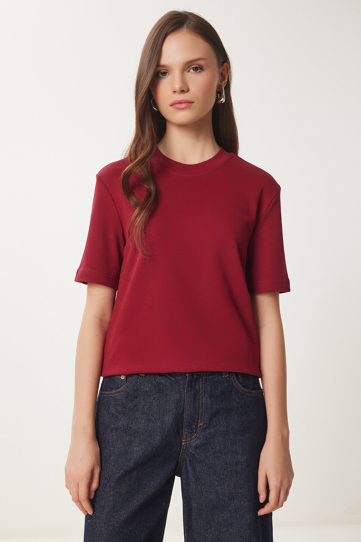 2li Paket Pamuklu Basic Örme T-shirt BORDO BEYAZ LAG0002