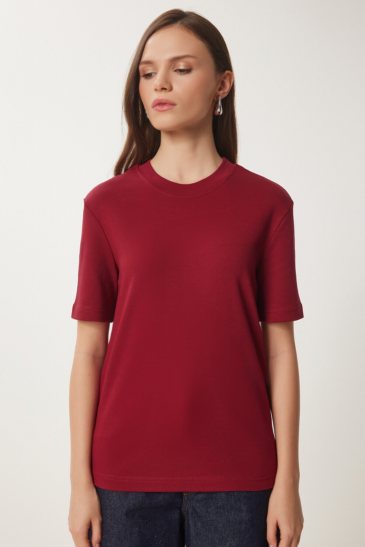 2li Paket Pamuklu Basic Örme T-shirt BORDO BEYAZ LAG0002