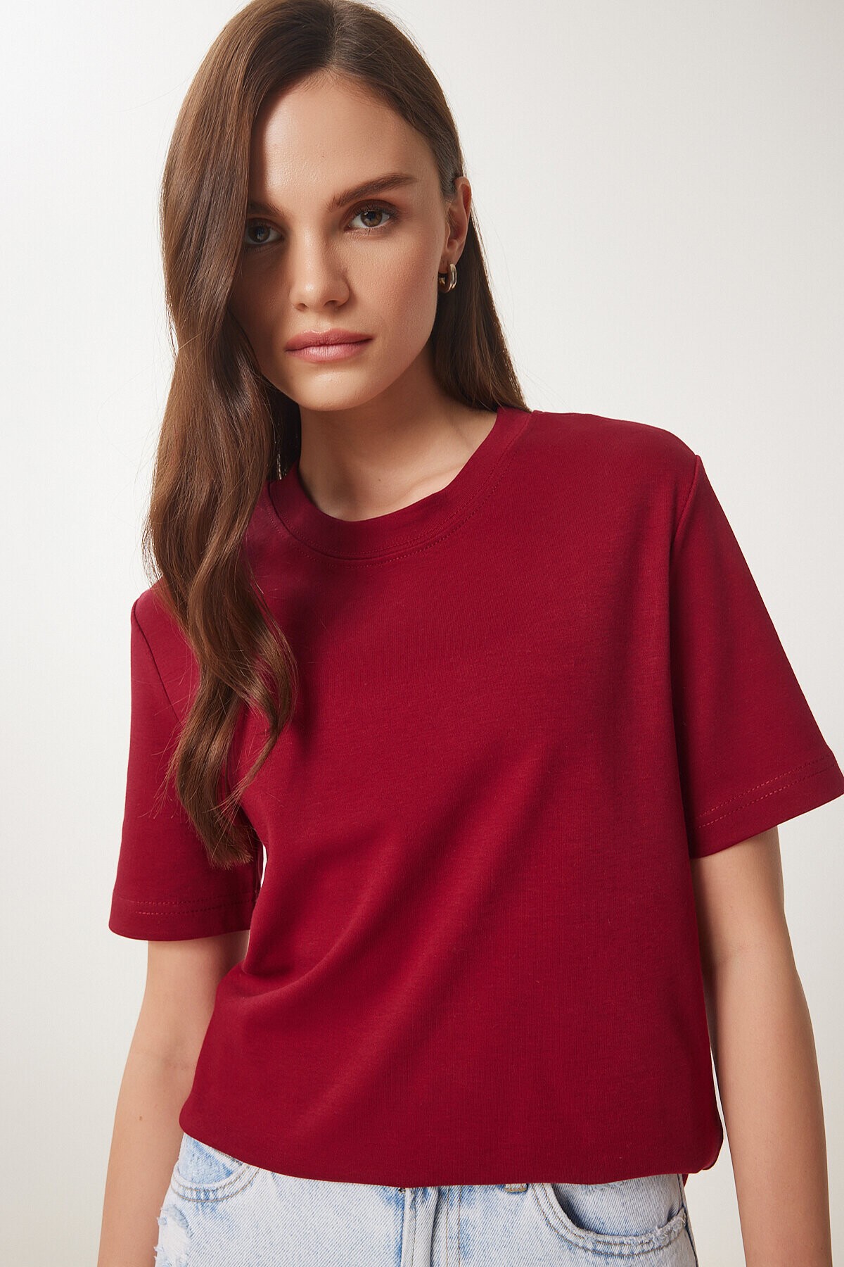 2li Paket Pamuklu Basic Örme T-shirt BORDO KAHVERENGİ LAG0002