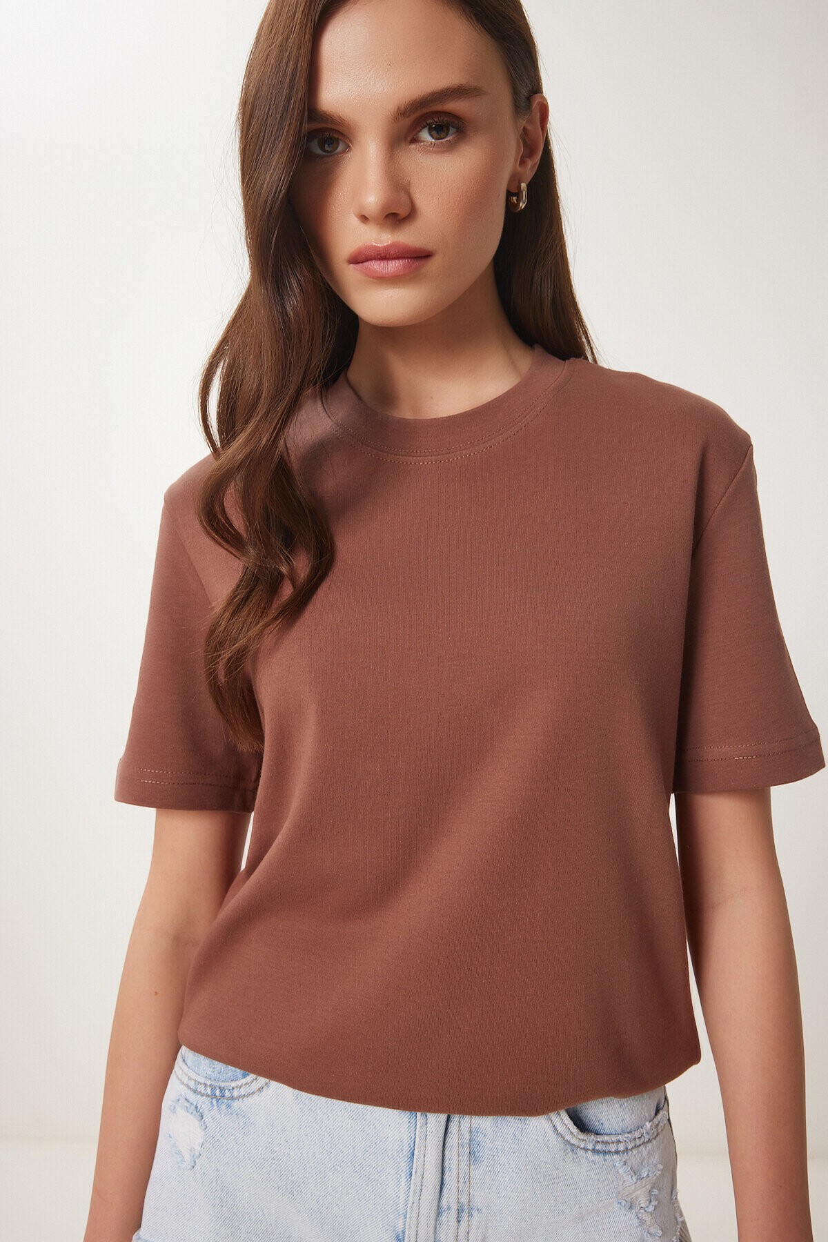 2li Paket Pamuklu Basic Örme T-shirt BORDO KAHVERENGİ LAG0002