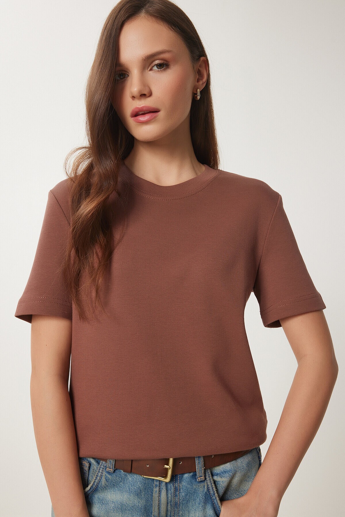 2li Paket Pamuklu Basic Örme T-shirt KAHVERENGİ BEYAZ LAG0002