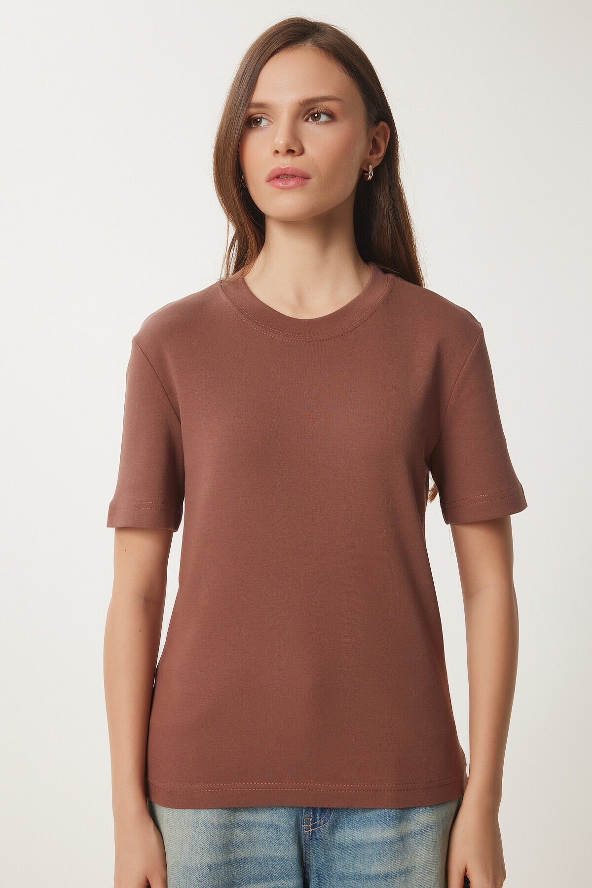 2li Paket Pamuklu Basic Örme T-shirt KAHVERENGİ BEYAZ LAG0002