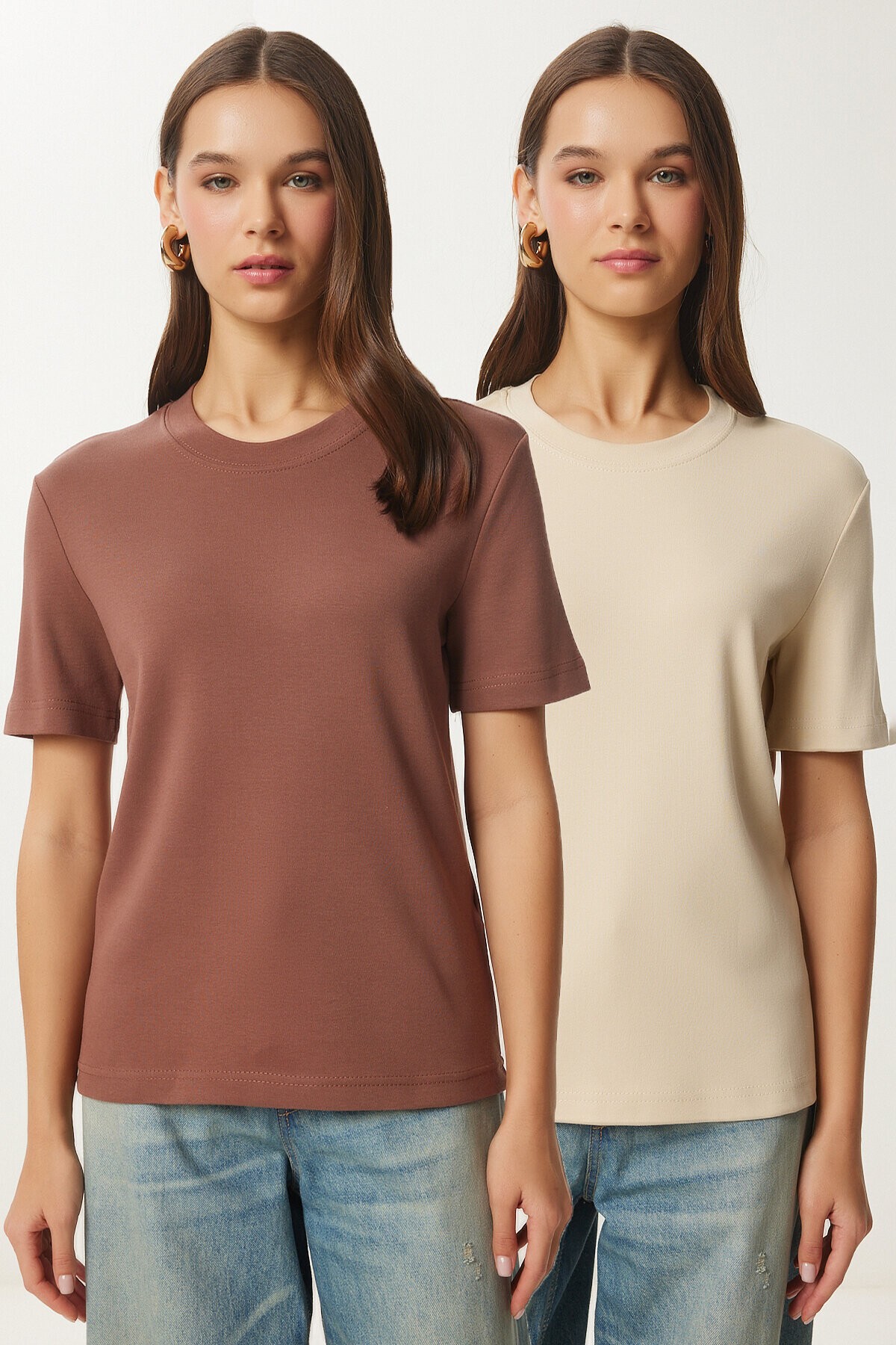 2li Paket Pamuklu Basic Örme T-shirt KAHVERENGİ BİSKÜVİ LAG0002