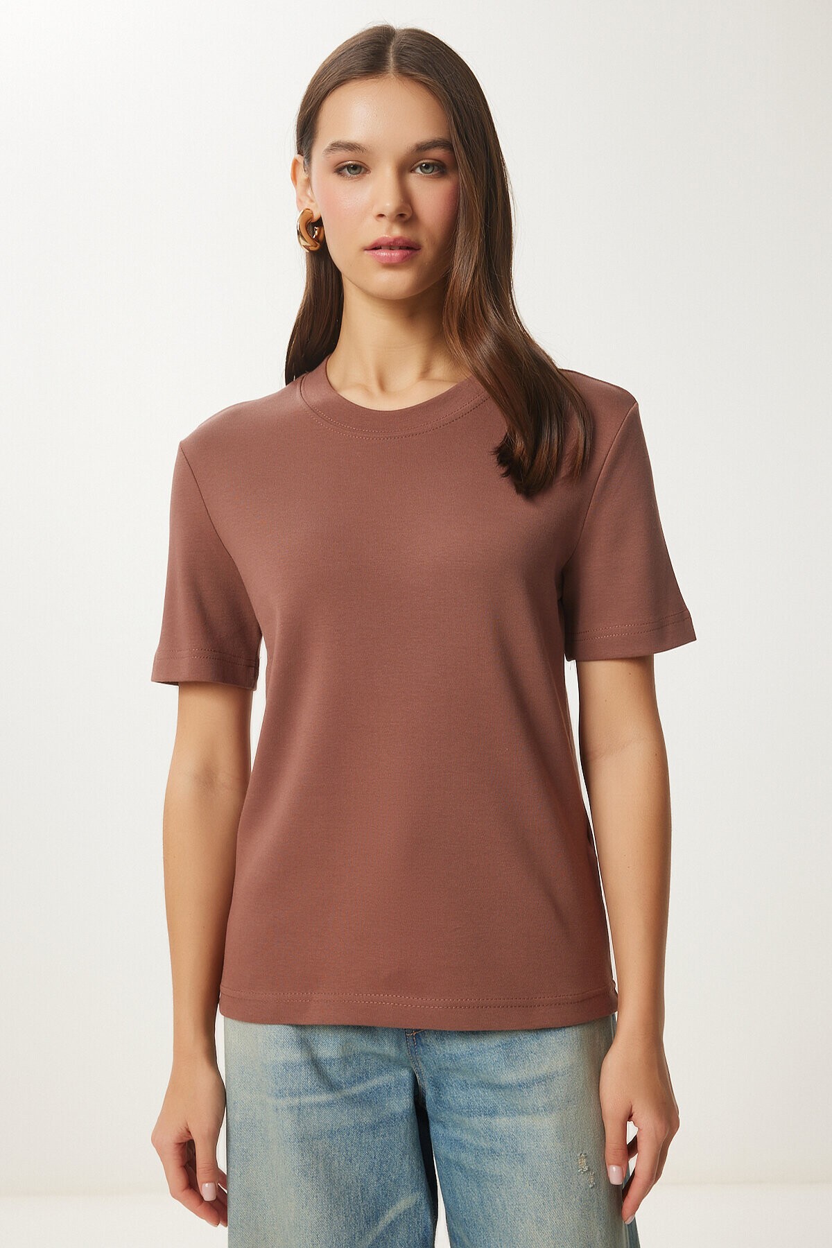 2li Paket Pamuklu Basic Örme T-shirt KAHVERENGİ BİSKÜVİ LAG0002