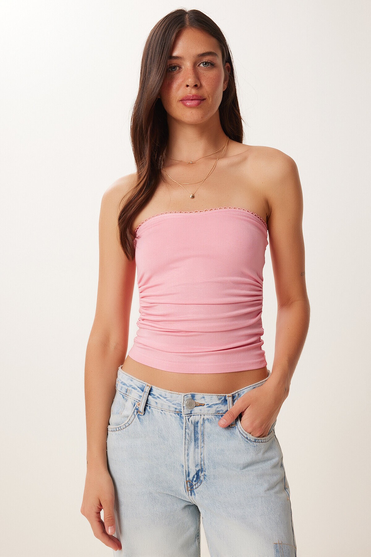 2’li Paket Straplez Büzgülü Esnek Örme Bluz SARI PEMBE HZV0001