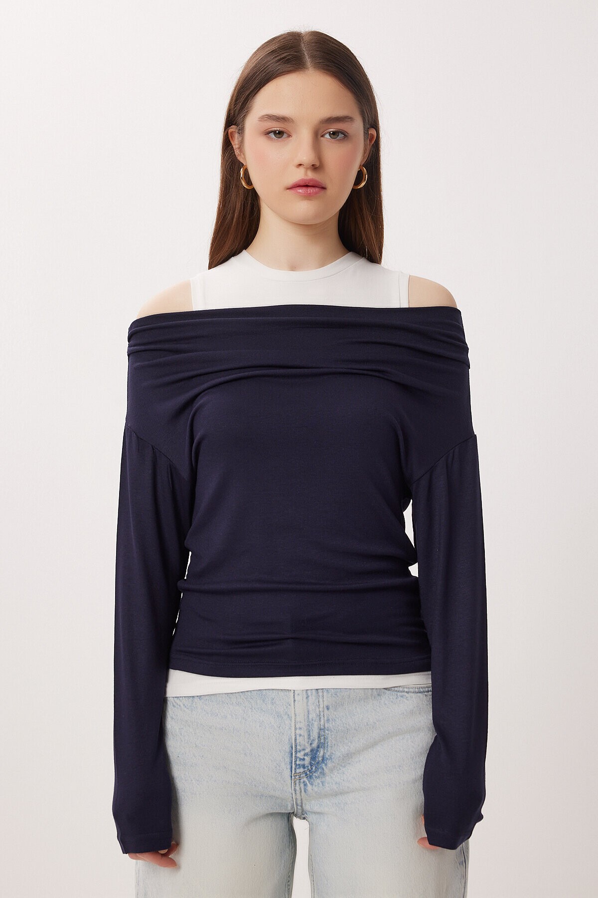 Açık Omuzlu Atletli Örme Bluz LACİVERT LAX0009