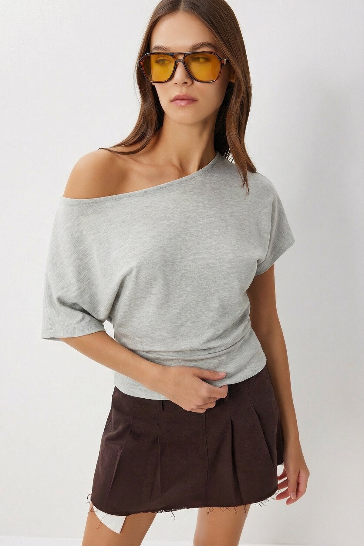 Açık Omuzlu Modal Bluz GRİ MELANJ LBY0048