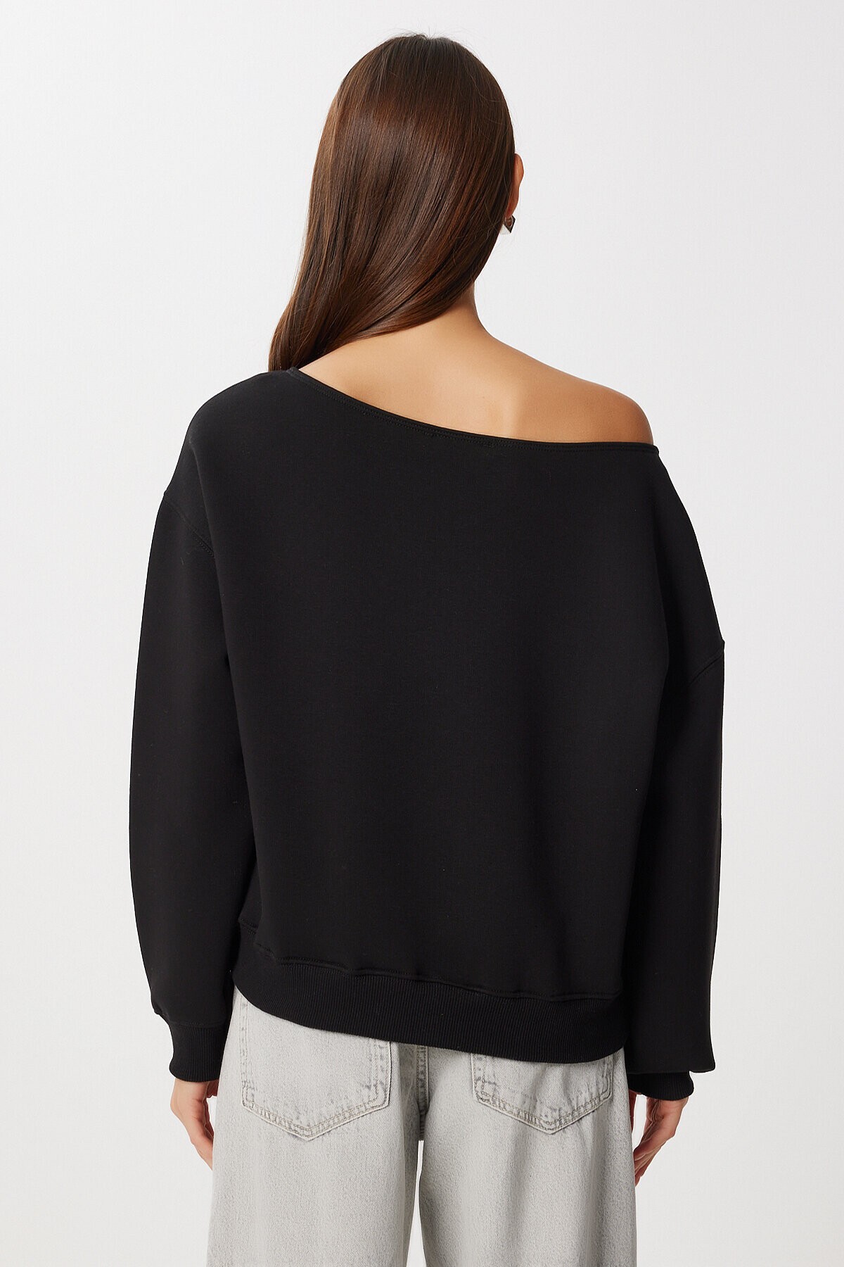 Açık Omuzlu Şardonlu Örme Sweatshirt SİYAH LAN0076