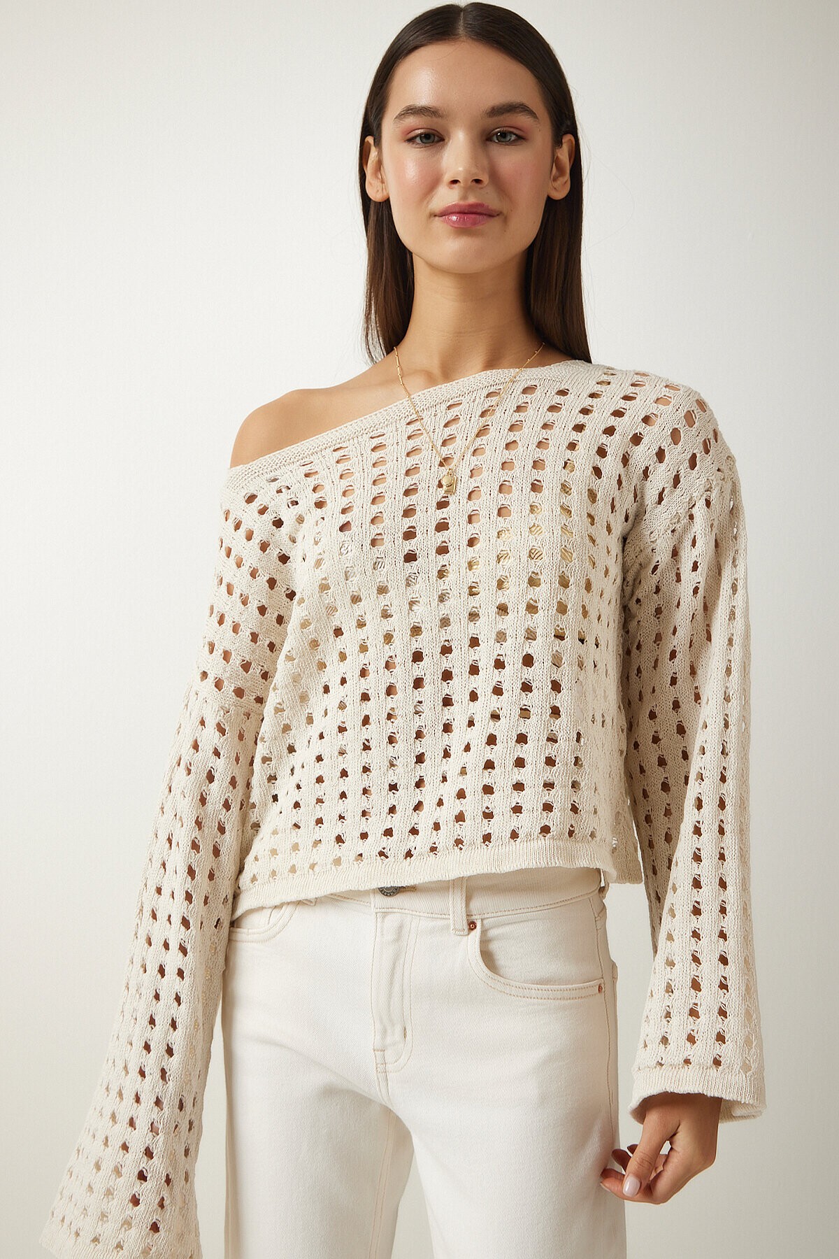 Ajurlu Crop Triko Kazak KREM LAS0006