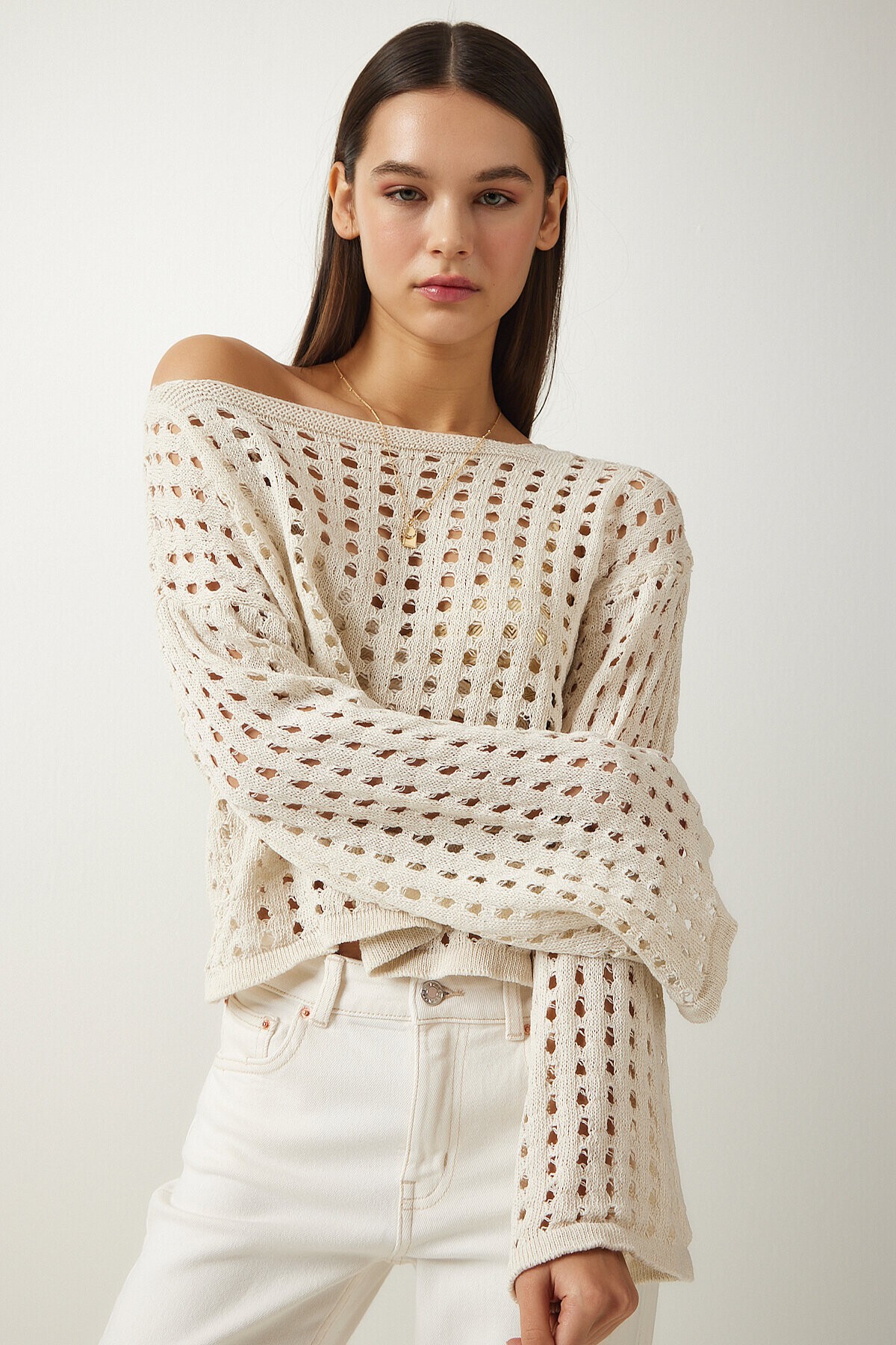 Ajurlu Crop Triko Kazak KREM LAS0006