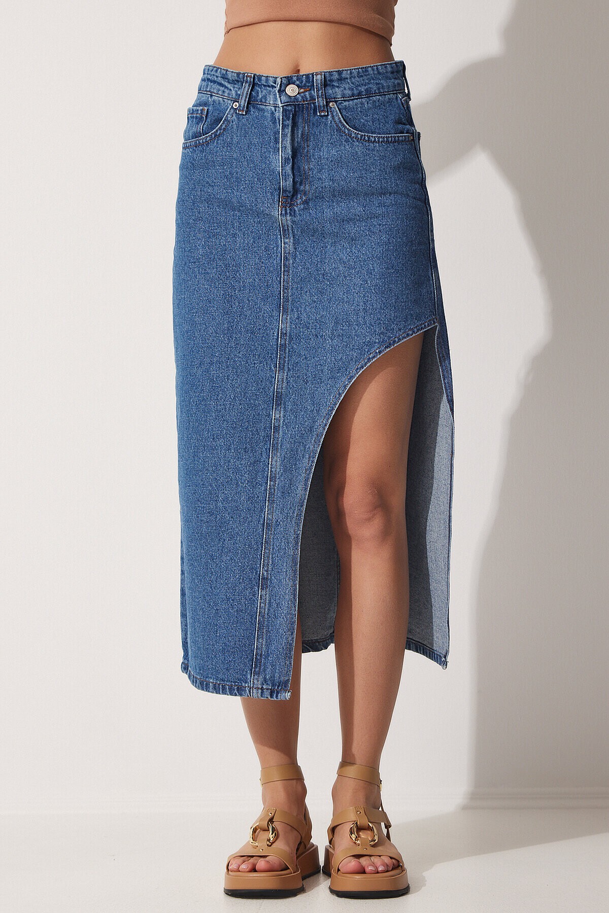 Asimetrik Yırtmaçlı Denim Etek MAVİ LBV0039