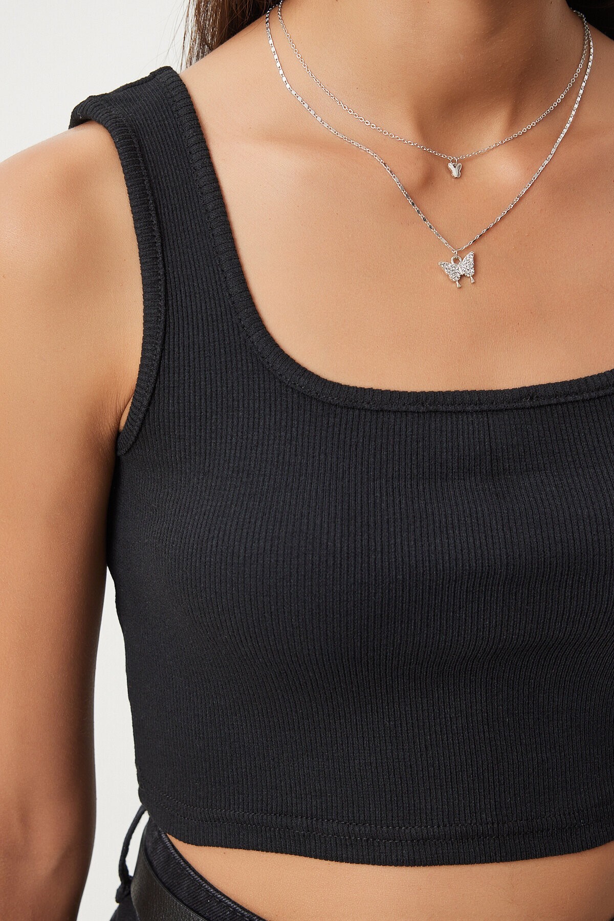 Askılı Crop 2li Paket Örme Bluz SİYAH BEYAZ HGT0001