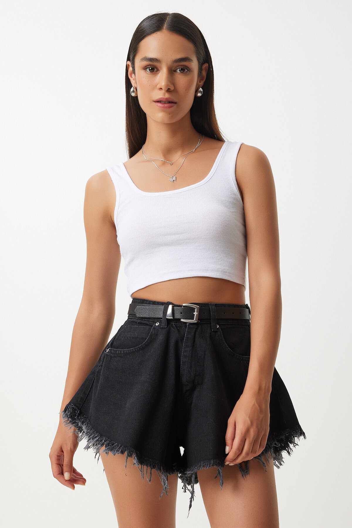 Askılı Crop 2li Paket Örme Bluz SİYAH BEYAZ HGT0001