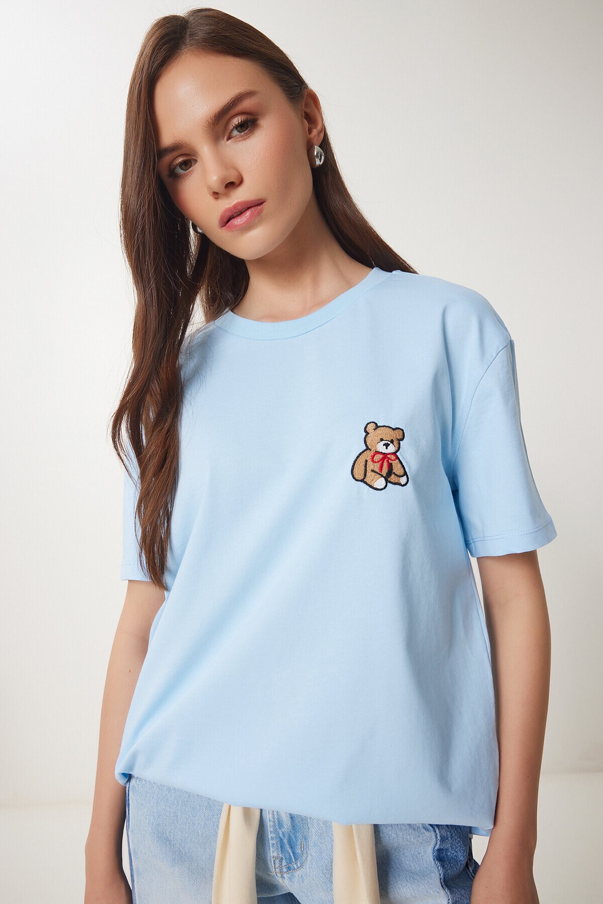 Ayıcık İşlemeli Pamuklu Örme T-shirt GÖK MAVİ LAV0005