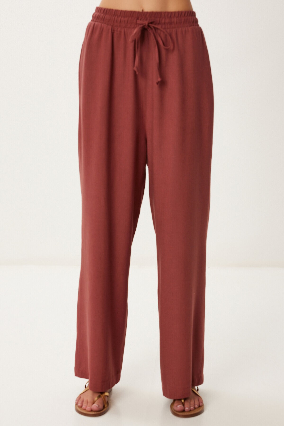 Bağlama Detaylı Keten Alt-Üst Takım KİREMİT HNO0004