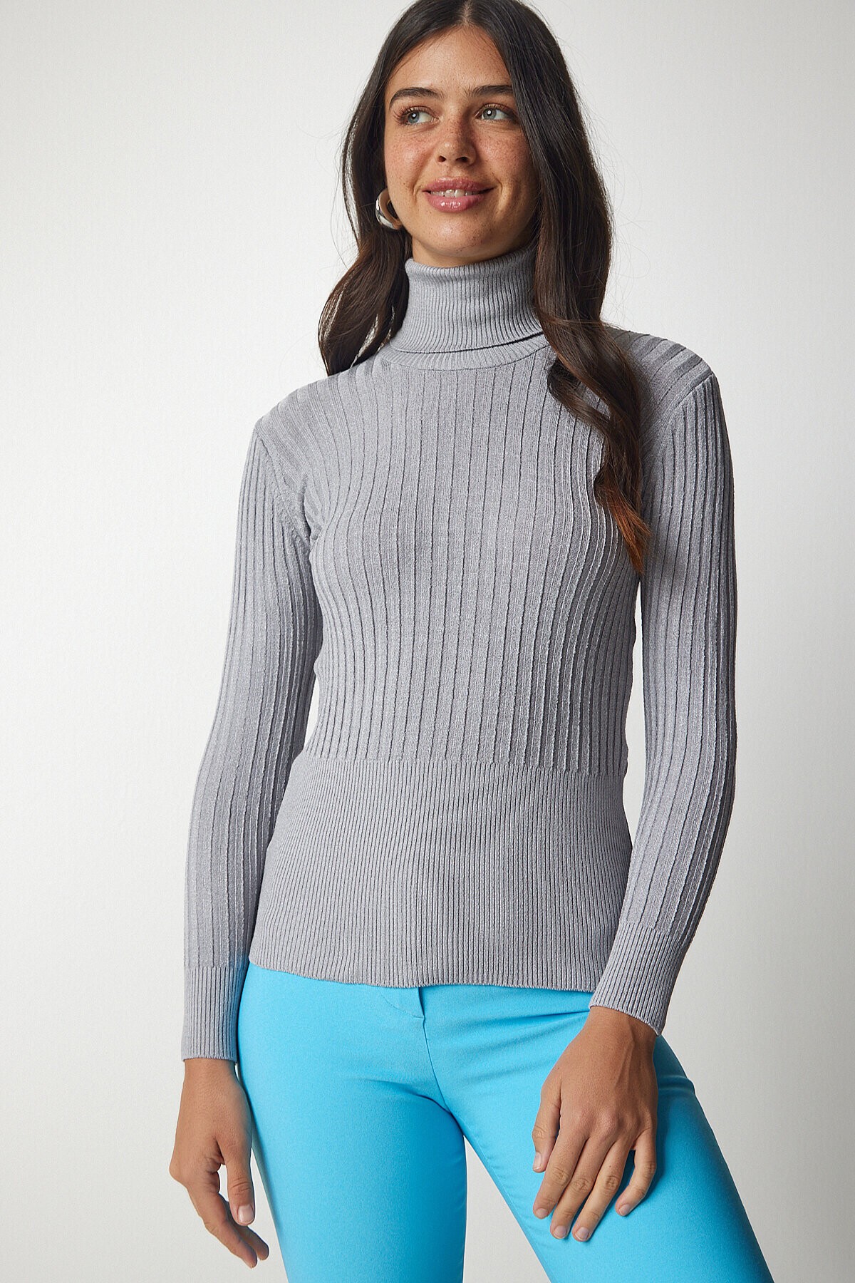Balıkçı Yaka Fitilli Basic Kazak GRİ LBV0029
