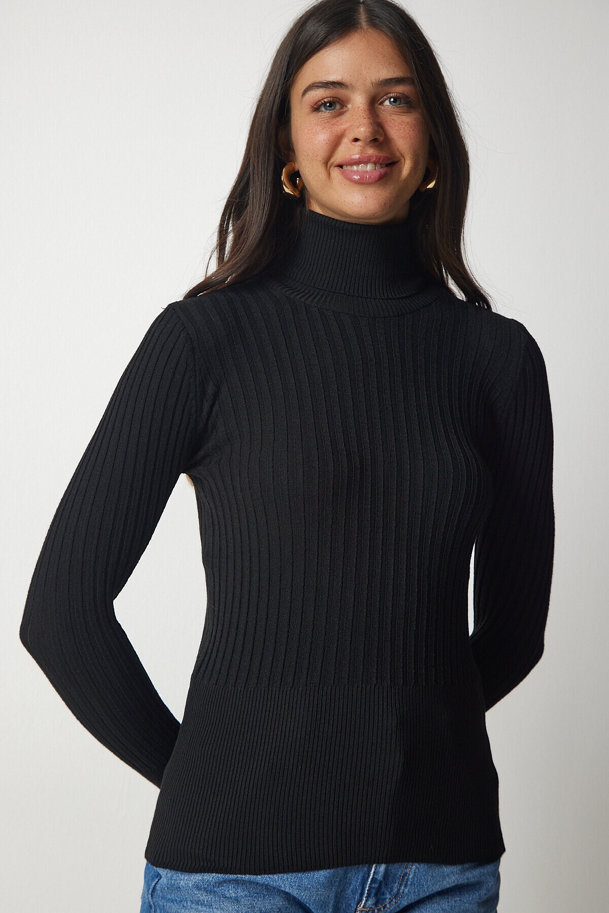 Balıkçı Yaka Fitilli Basic Kazak SİYAH LBV0029