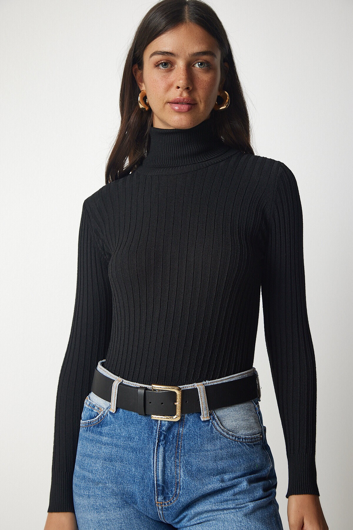 Balıkçı Yaka Fitilli Basic Kazak SİYAH LBV0029