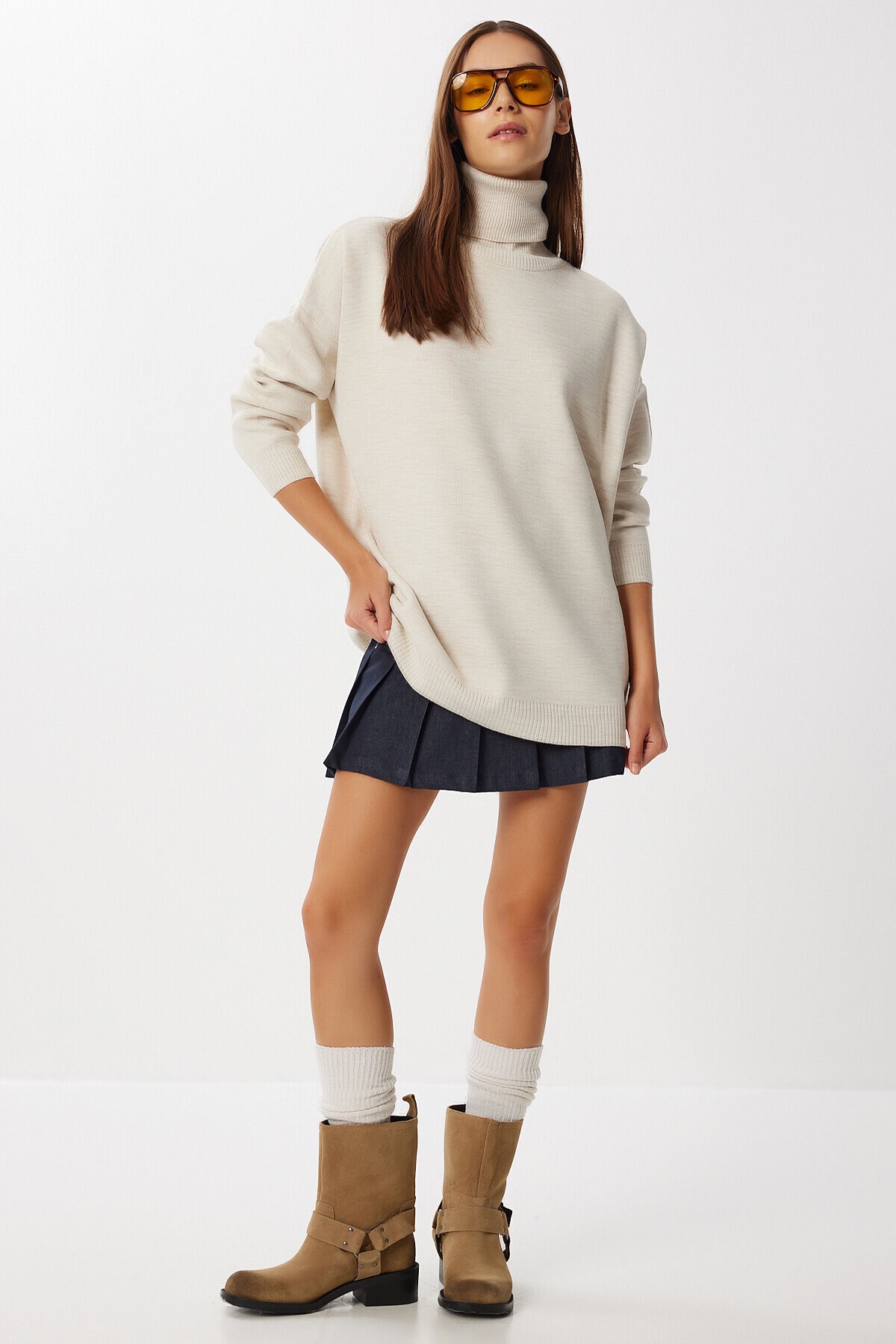 Balıkçı Yaka Oversize Triko Kazak BEJ LBV0011