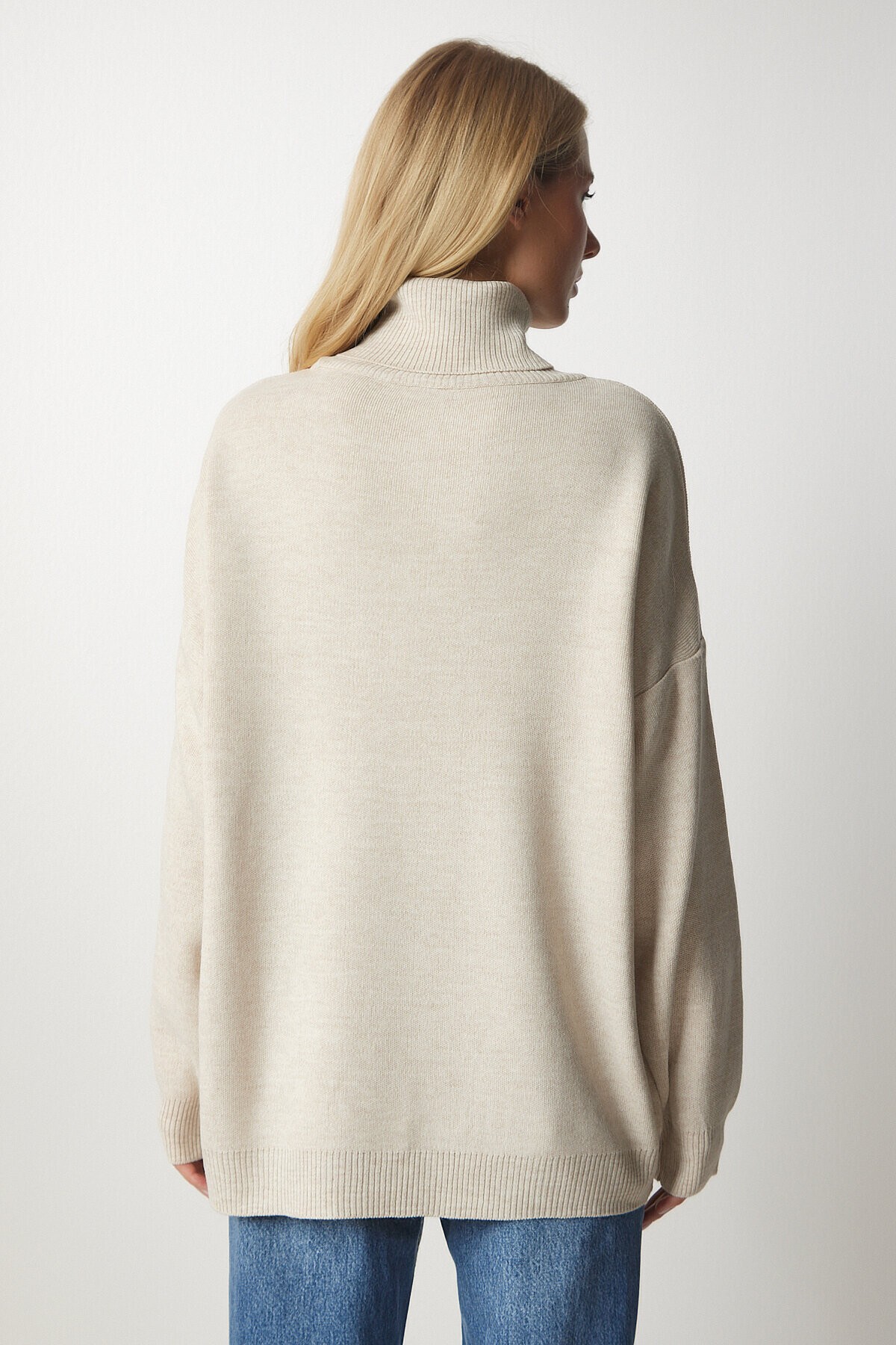 Balıkçı Yaka Oversize Triko Kazak BEJ LBV0011