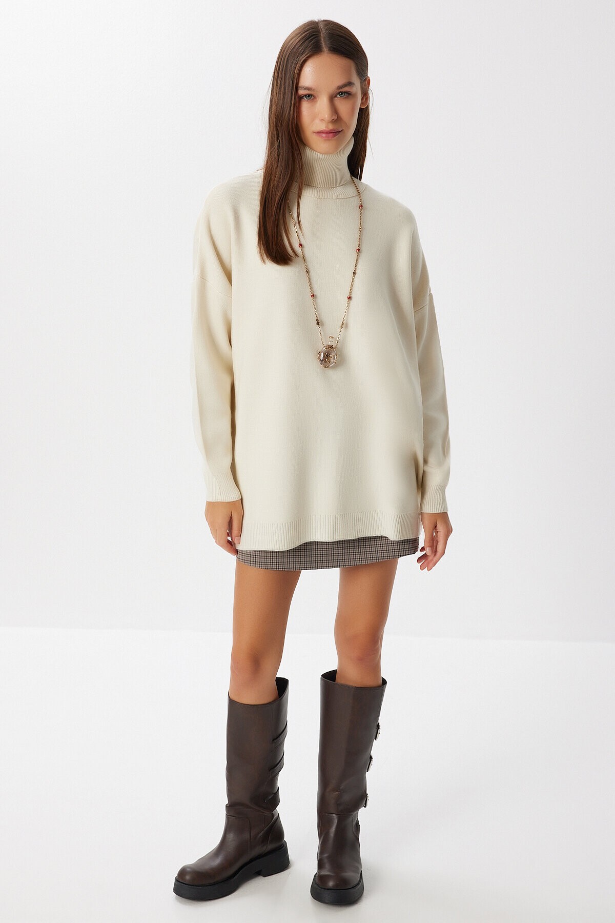 Balıkçı Yaka Oversize Triko Kazak KREM LBV0011