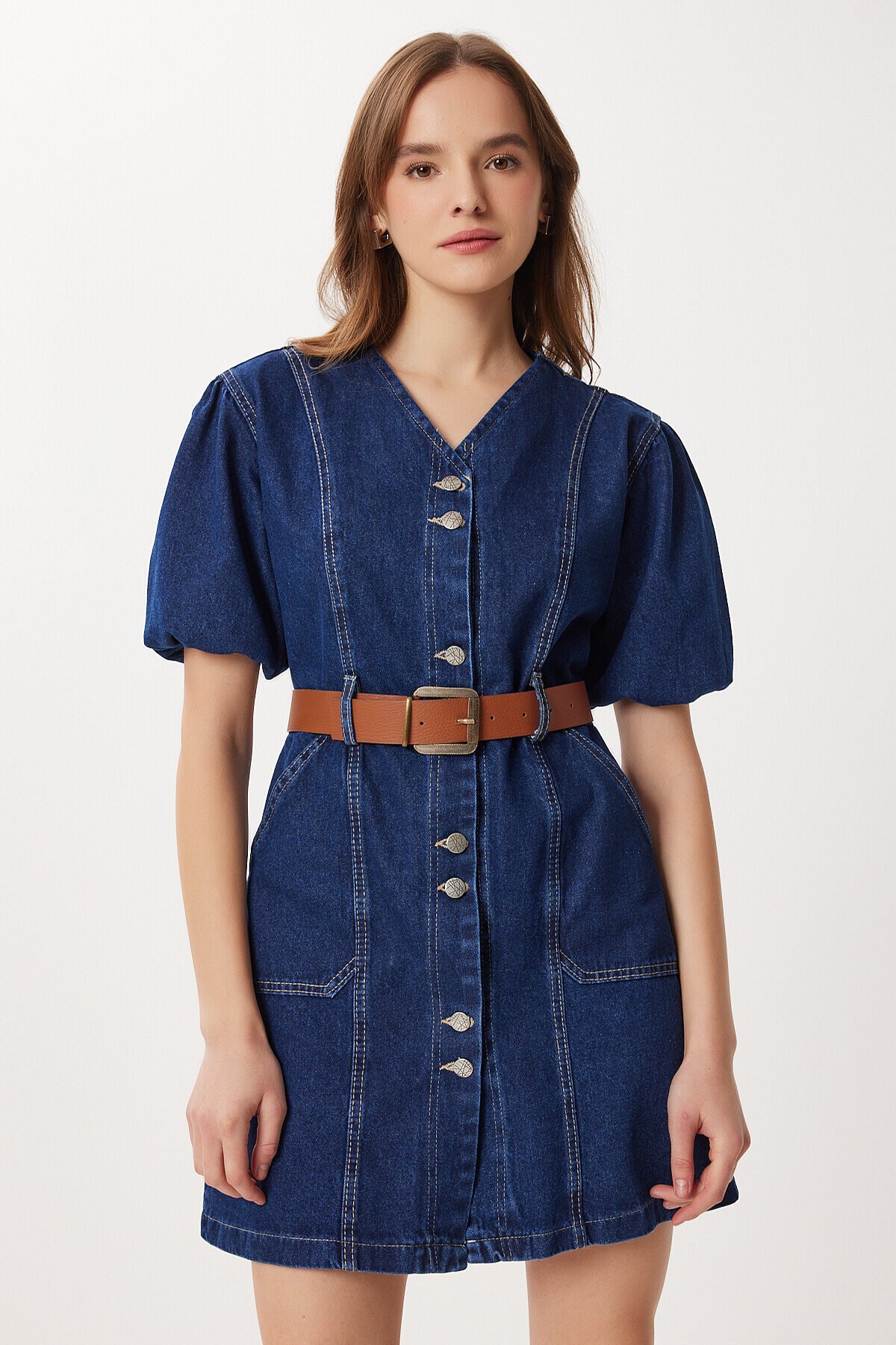 Balon Kollu Kemerli Denim Elbise KOYU MAVİ LAN0087
