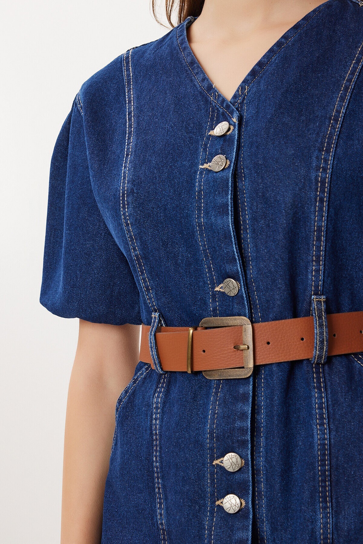 Balon Kollu Kemerli Denim Elbise KOYU MAVİ LAN0087