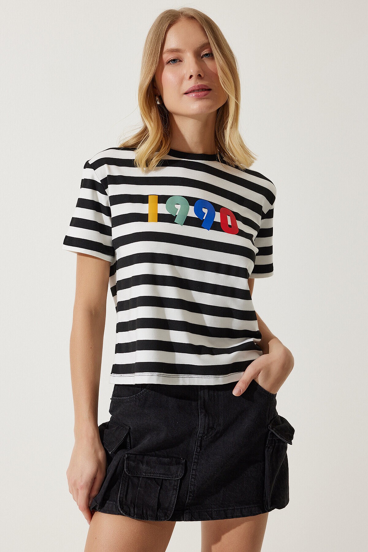 Baskılı Çizgili Örme T-shirt SİYAH BEYAZ LAN0038