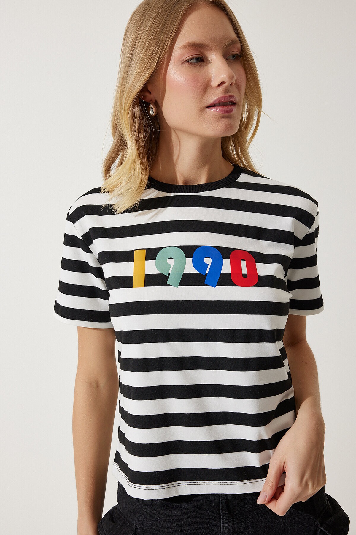 Baskılı Çizgili Örme T-shirt SİYAH BEYAZ LAN0038
