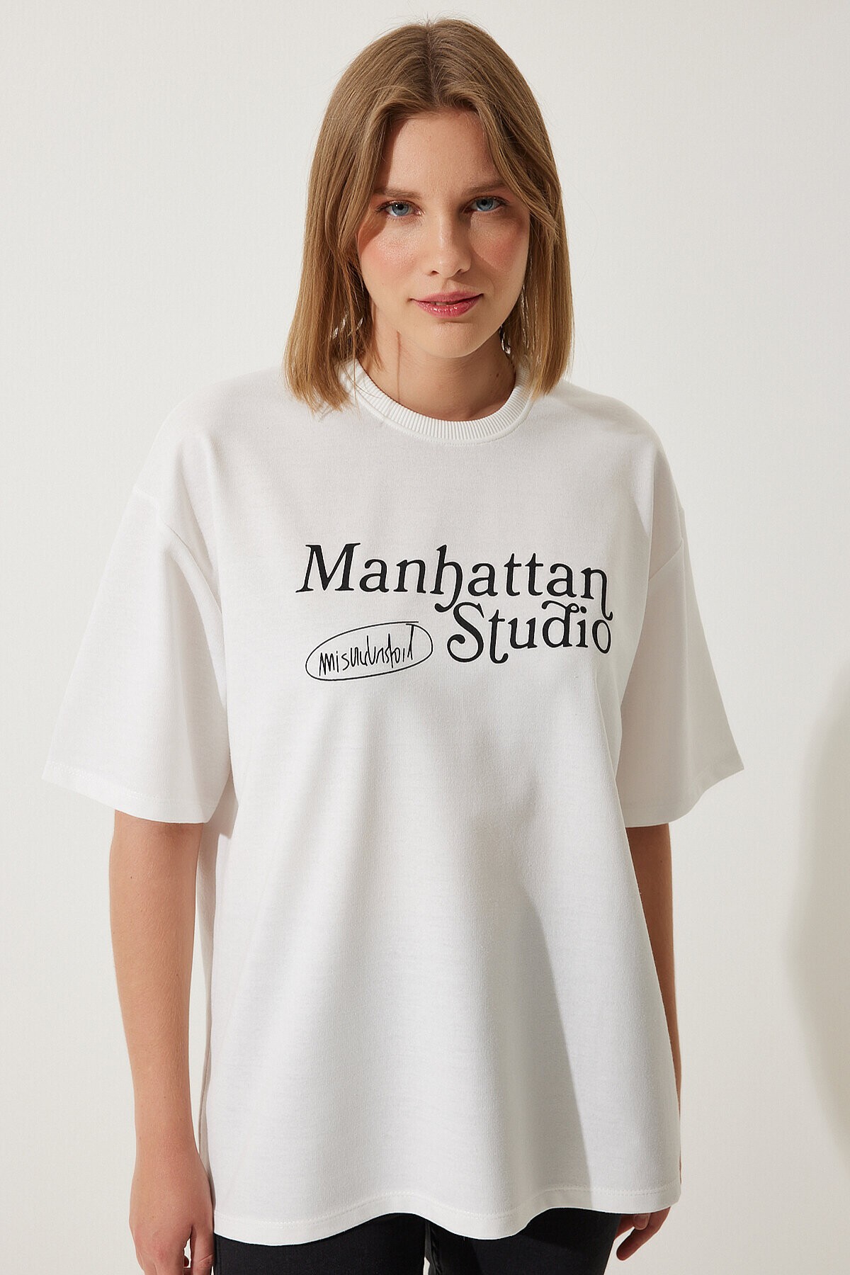 Baskılı Oversize İki İplik Örme T-shirt BEYAZ LAN0037