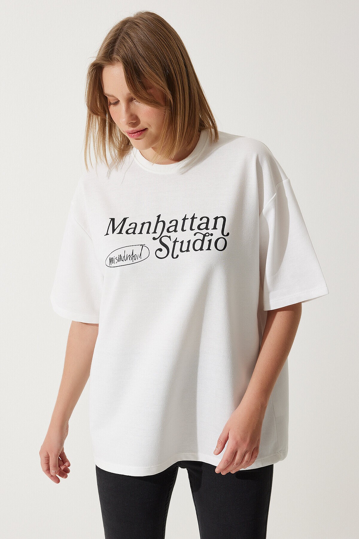Baskılı Oversize İki İplik Örme T-shirt BEYAZ LAN0037
