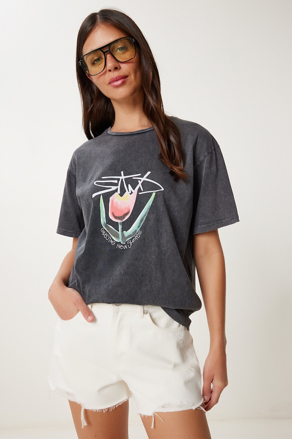 Baskılı Yıkamalı Esnek Örme T-shirt ANTRASİT LAN0034