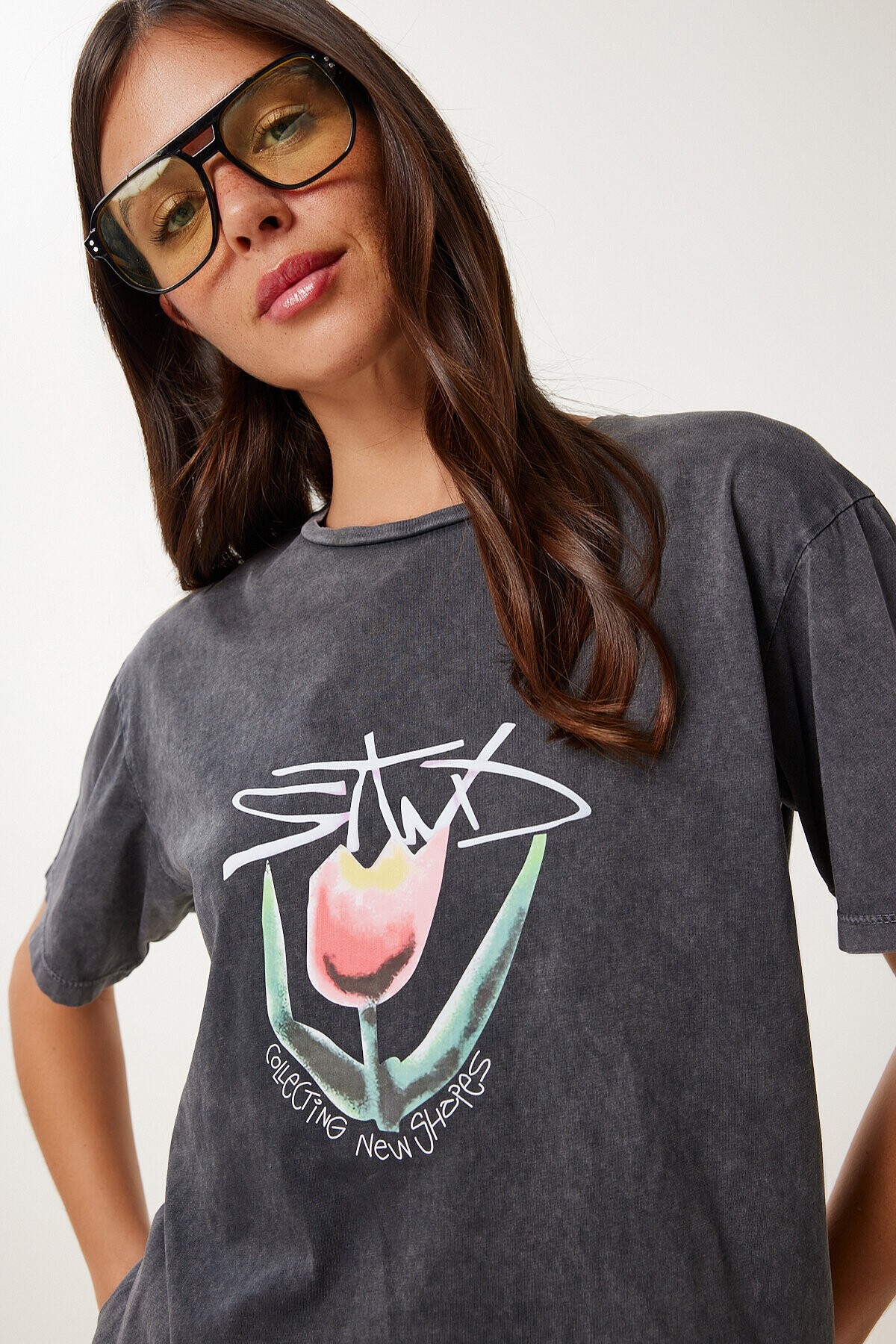 Baskılı Yıkamalı Esnek Örme T-shirt ANTRASİT LAN0034