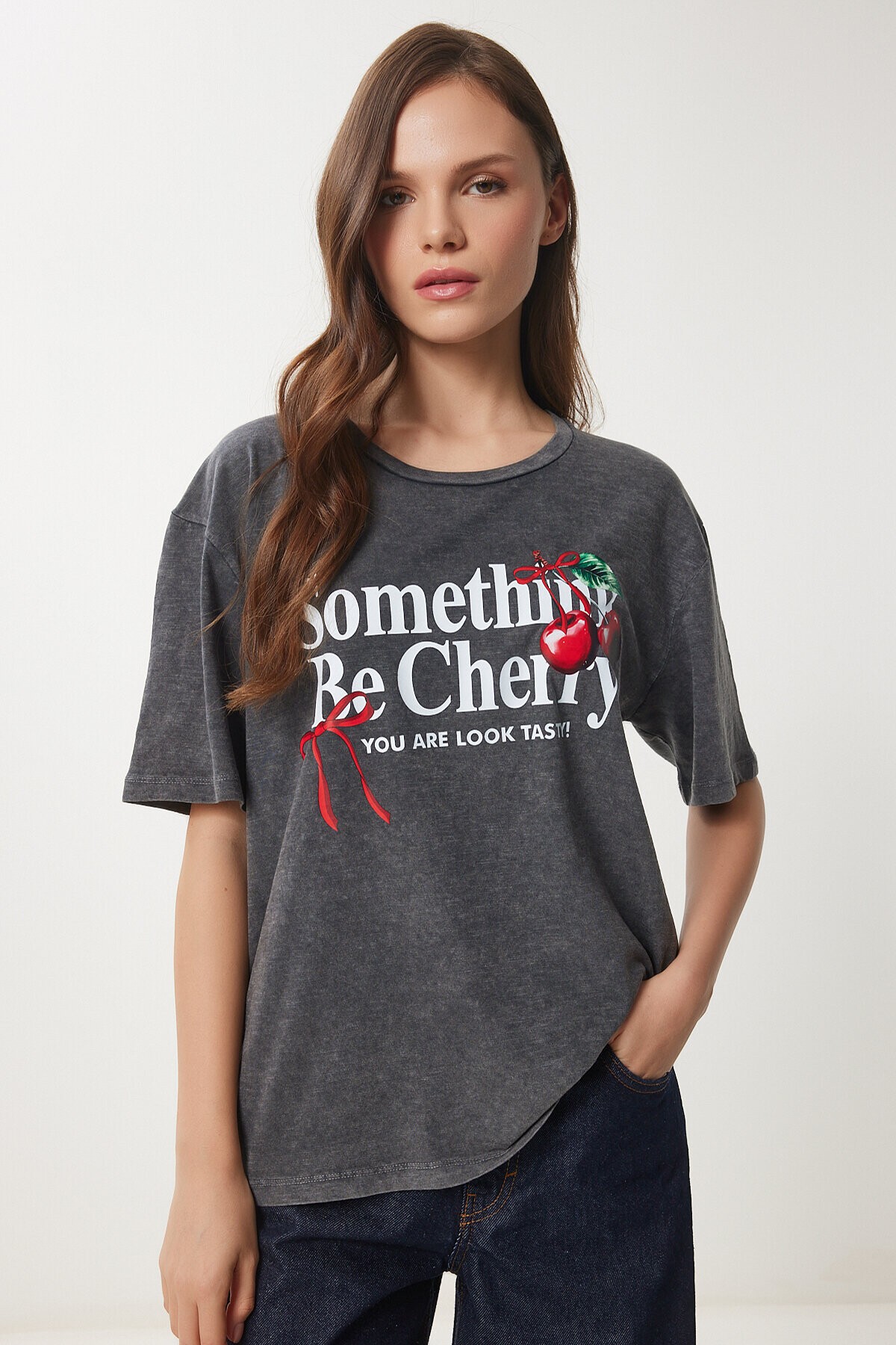Baskılı Yıkamalı Örme T-Shirt ANTRASİT LAN0027