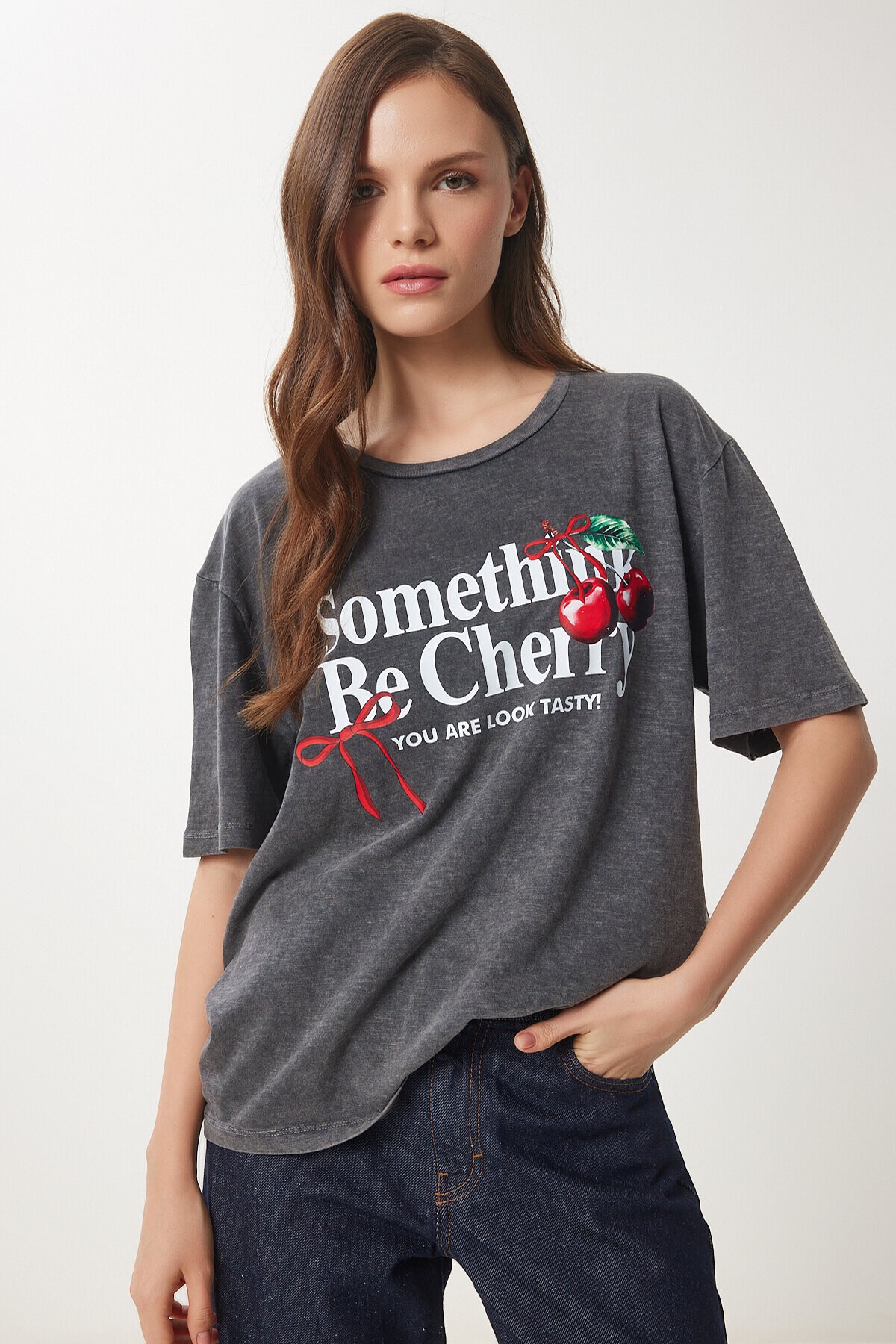 Baskılı Yıkamalı Örme T-Shirt ANTRASİT LAN0027