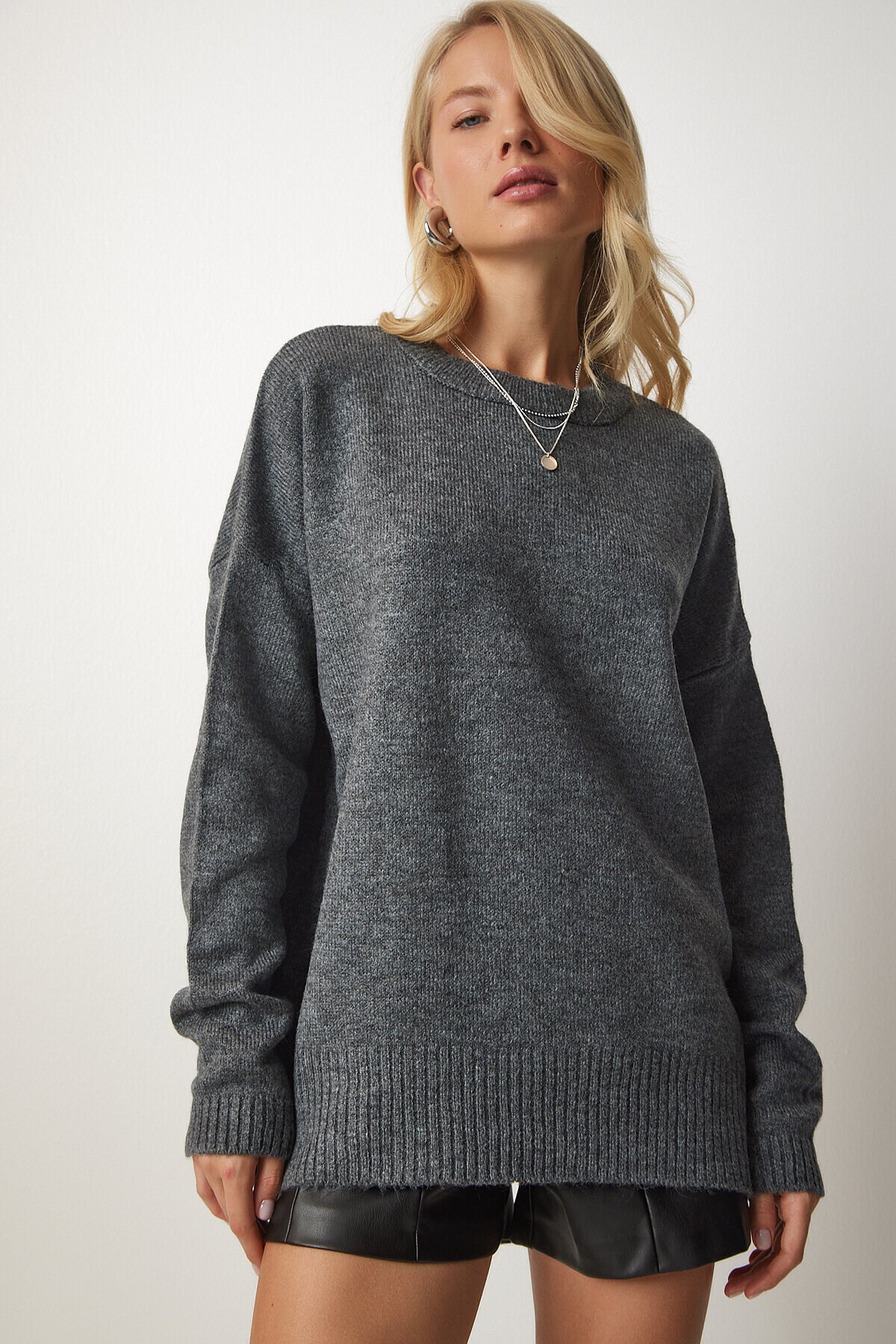 Bisiklet Yaka Oversize Triko Kazak GRİ LBV0019