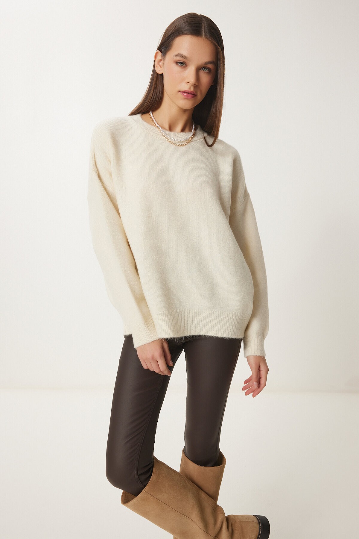 Bisiklet Yaka Oversize Triko Kazak KREM LBV0019