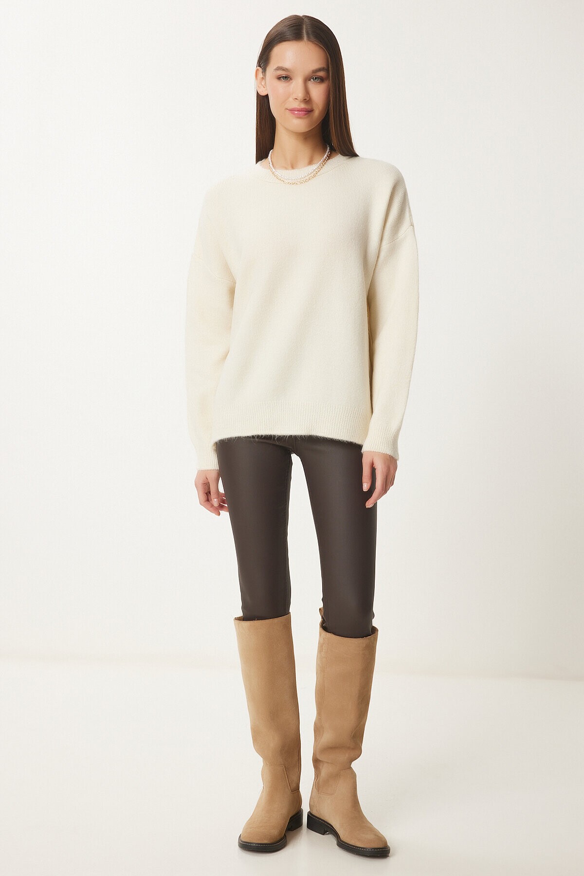 Bisiklet Yaka Oversize Triko Kazak KREM LBV0019