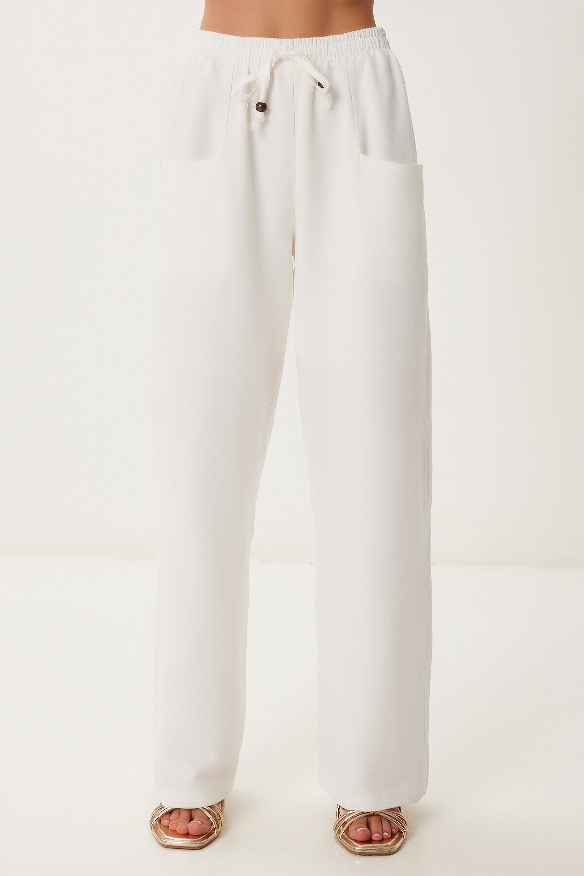 Cepli Geniş Paça Keten Pantolon EKRU LBV0062