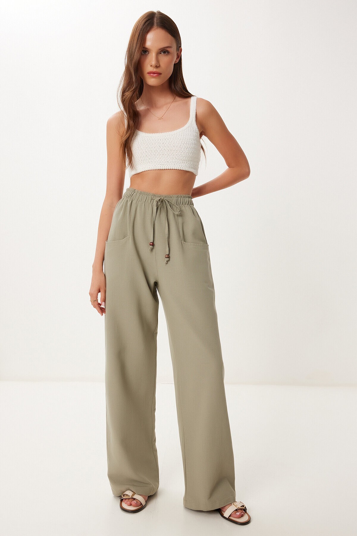 Cepli Geniş Paça Keten Pantolon HAKİ LBV0062