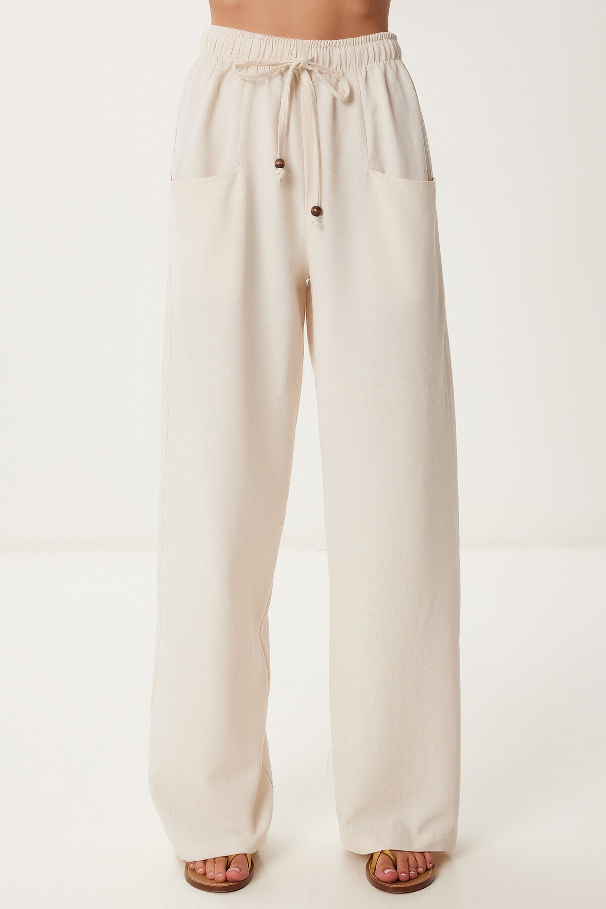 Cepli Geniş Paça Keten Pantolon KREM LBV0062