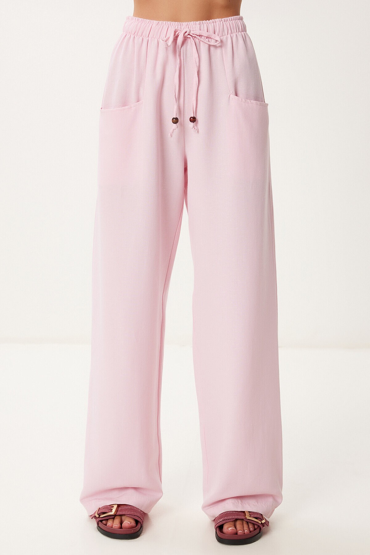 Cepli Geniş Paça Keten Pantolon PEMBE LBV0062