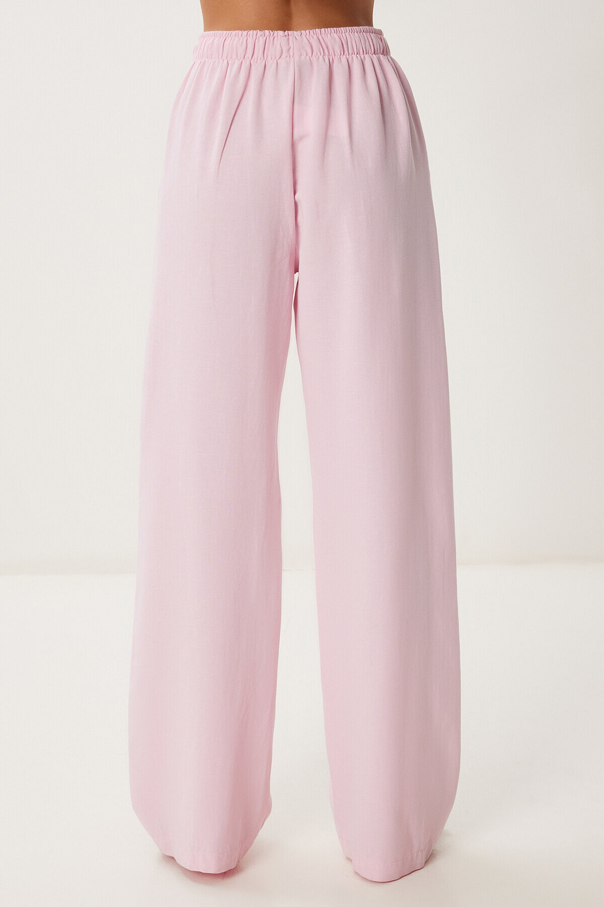 Cepli Geniş Paça Keten Pantolon PEMBE LBV0062