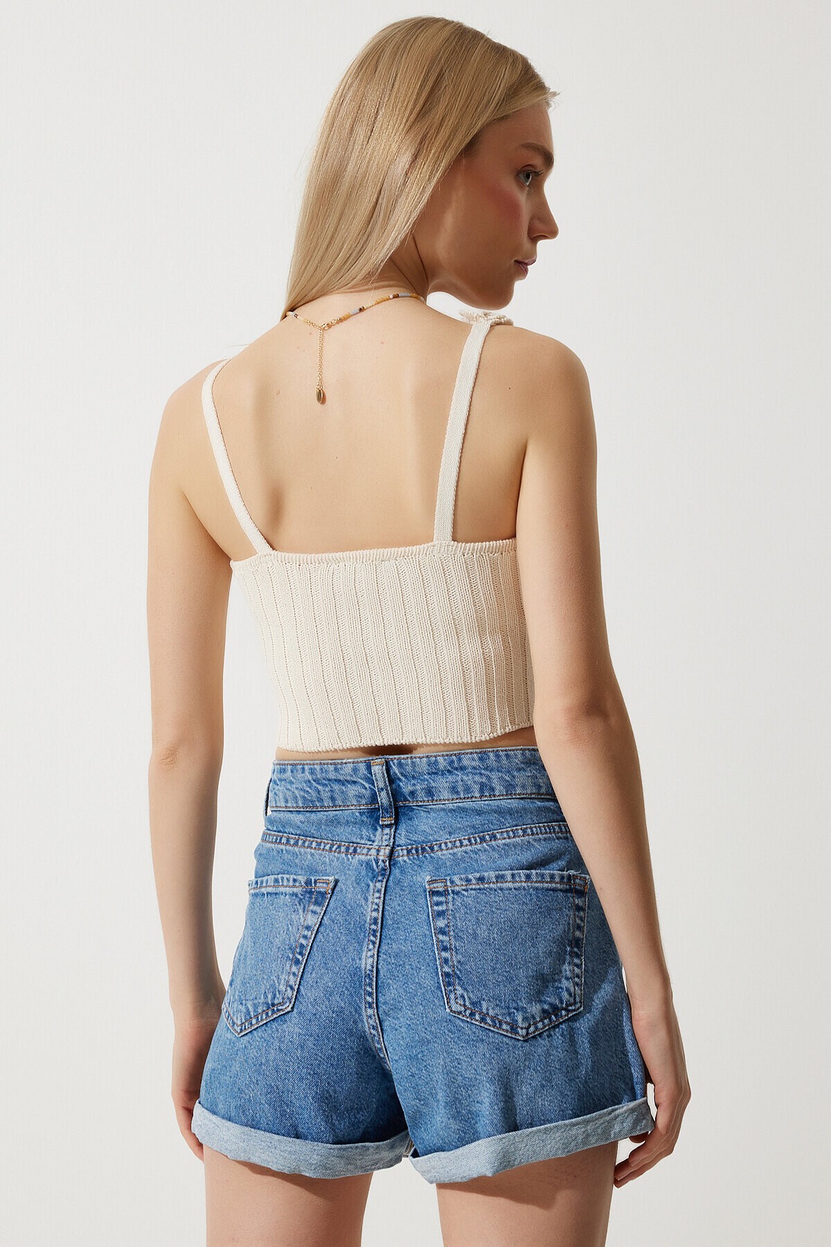 Çiçekli Askılı Crop Triko Bluz KREM LAV0008
