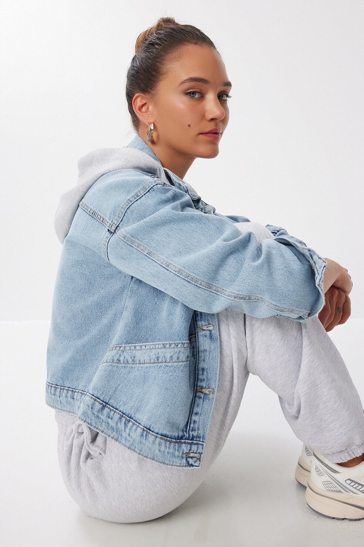 Çıkarılabilir Kapüşonlu Denim Ceket AÇIK MAVİ LAN0072